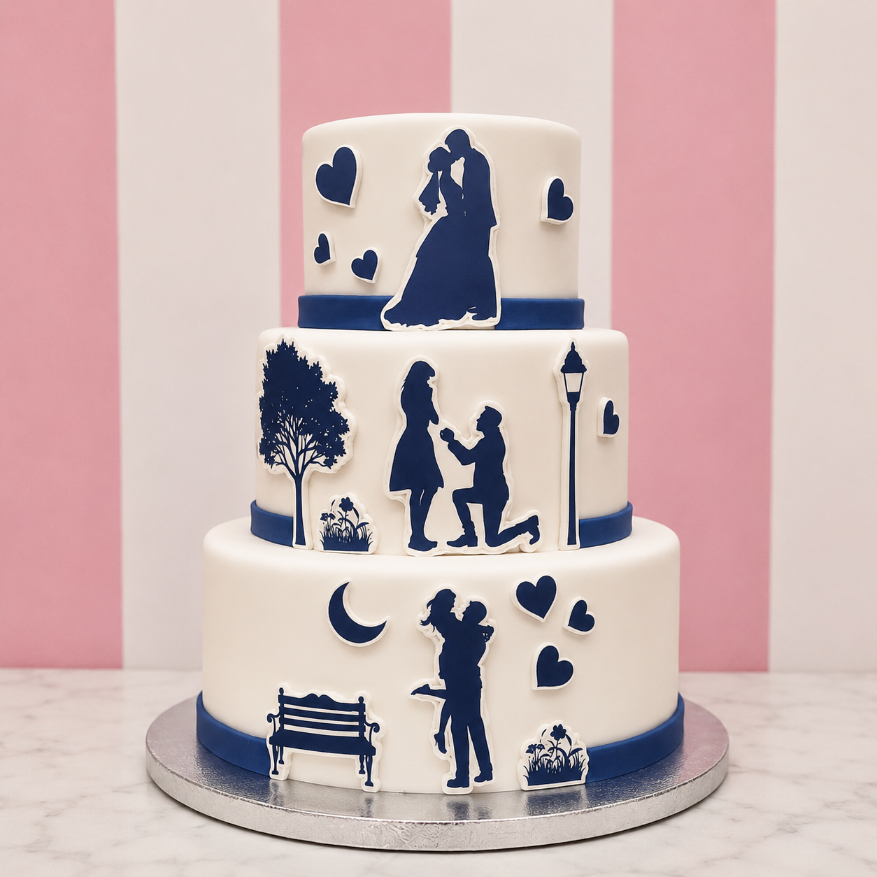 A three-tier white cake decorated with navy blue silhouettes of couples, hearts, a tree, a bench, a moon, and other romantic motifs, displayed on a silver cake board against a pink and white striped background.